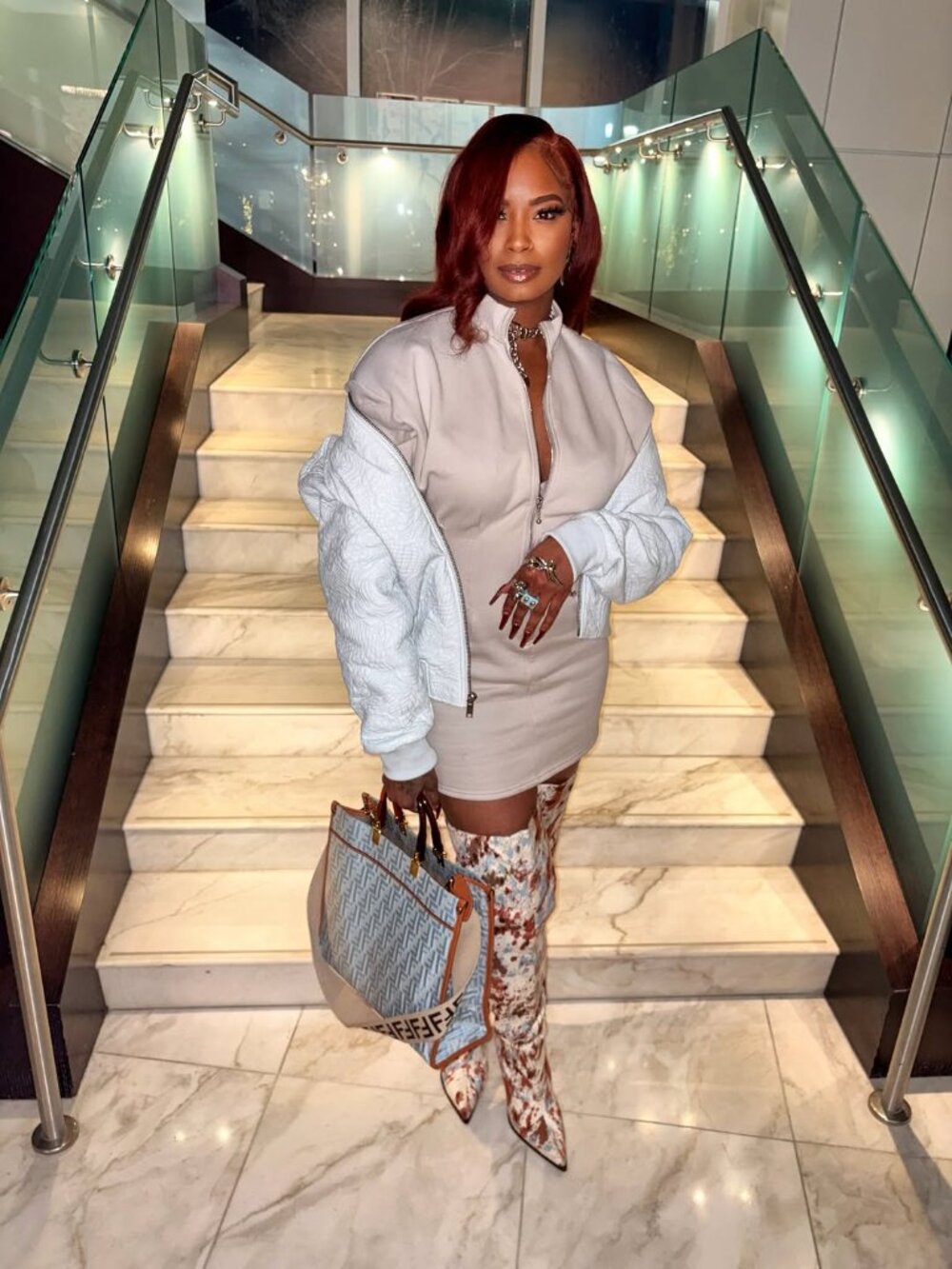 Beige Outfit Set Size M | Crop Jacket, Bodycon Dress & Thigh High Boots Size 10